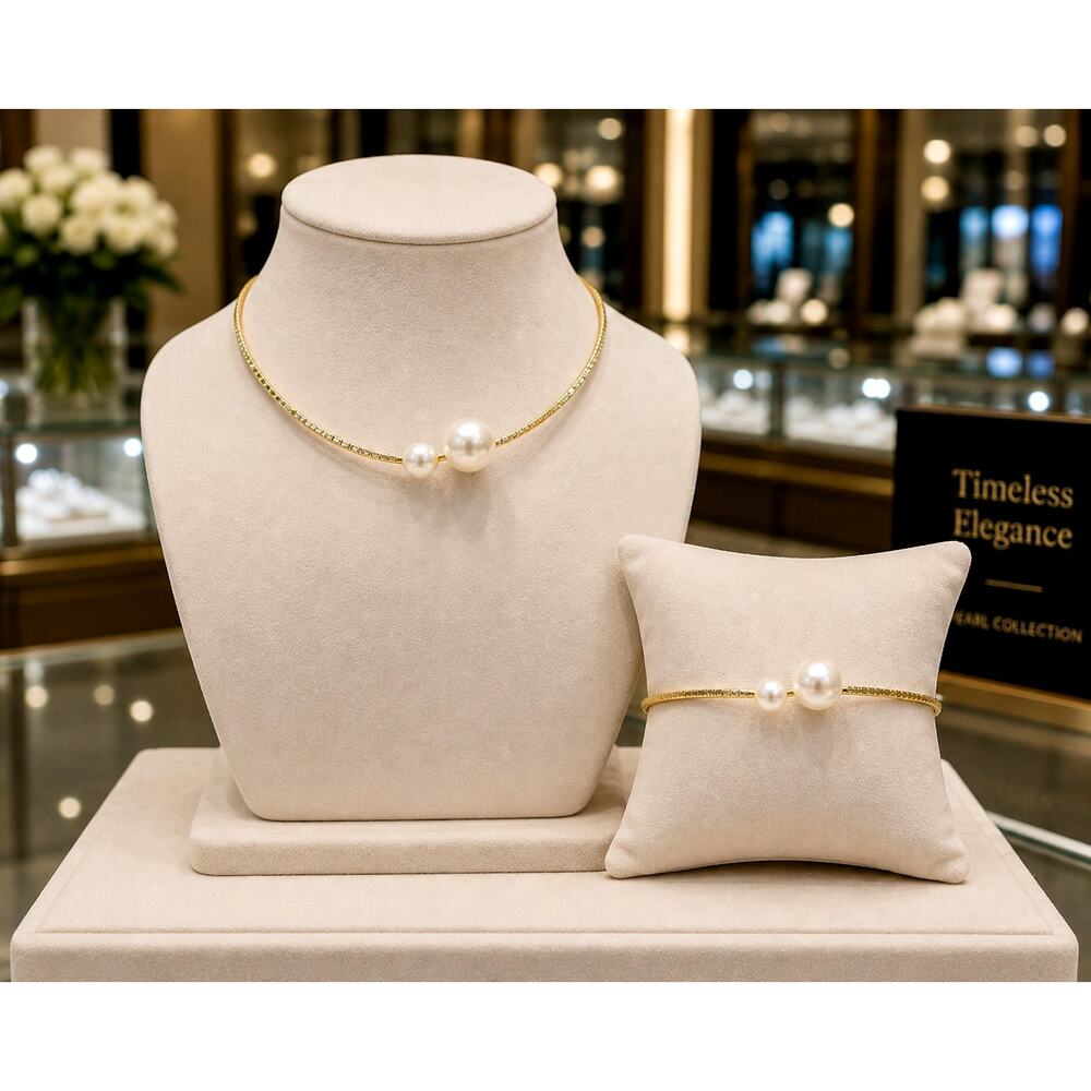 Baroque Style Faux Pearl Rhinestone Choker & Bracelet Set - Gold
